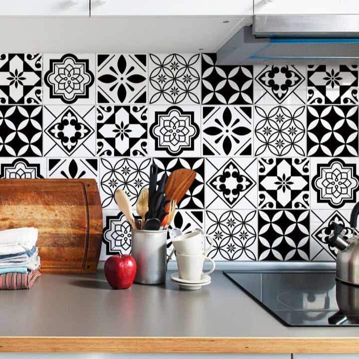 Waterproof B&W Tile Covers – 12Pcs Self-Adhesive Set