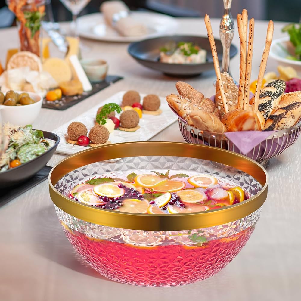 Luxury Style Clear Punch Bowl – Gold Trim Serving Bowl for Gatherings