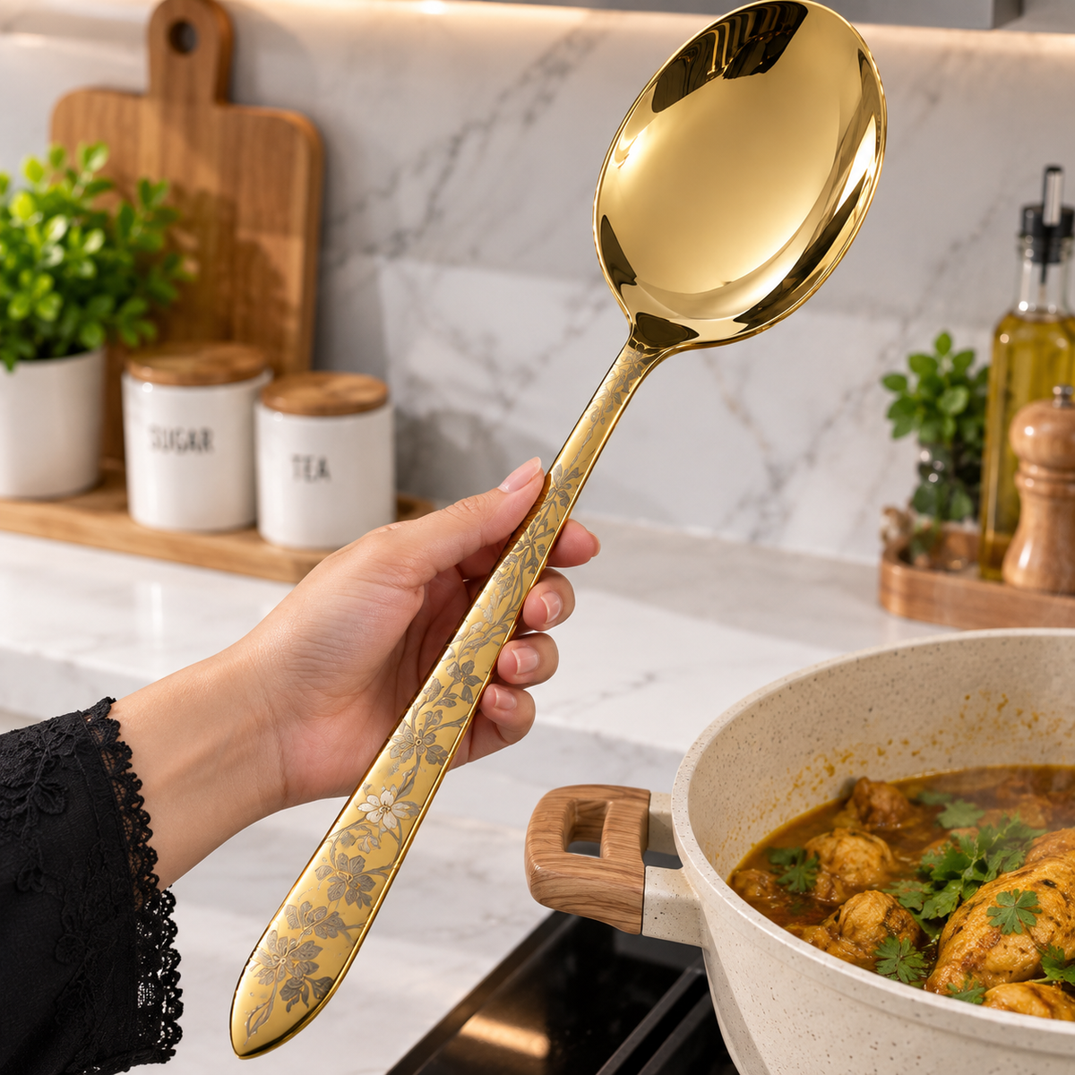 Stainless Steel Gold Serving Spoon Decorative Floral Design(9Inch)