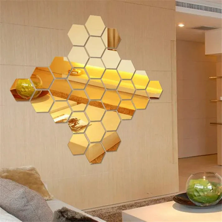 Set Of 12 Acrylic Gold Hexagonal Mirror Tiles (4X4 Inch)