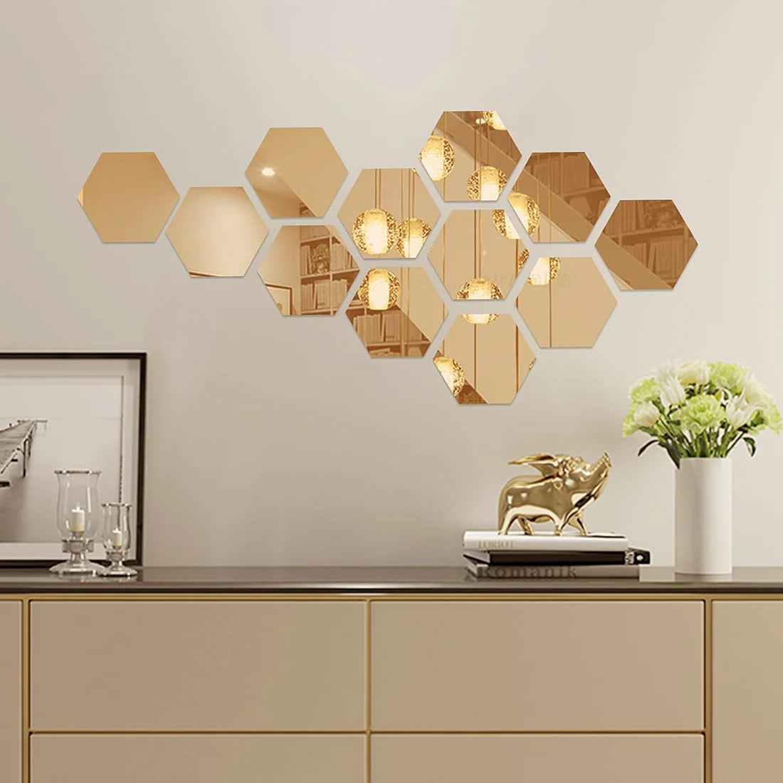 Set Of 12 Acrylic Gold Hexagonal Mirror Tiles (4X4 Inch)