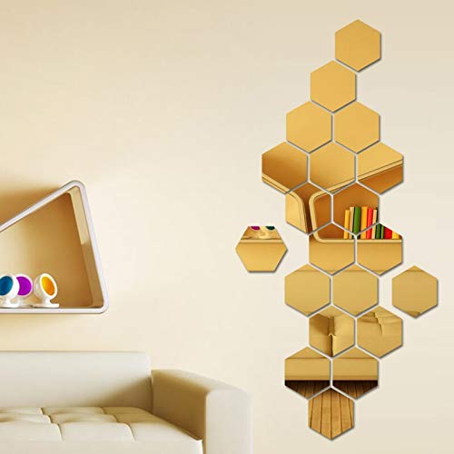 Set Of 12 Acrylic Gold Hexagonal Mirror Tiles (4X4 Inch)