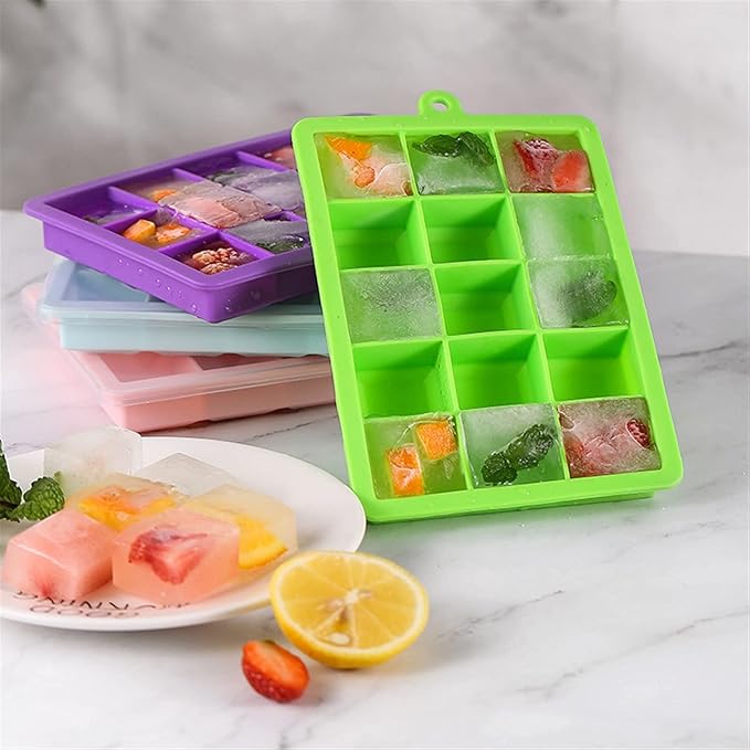15 Freezer Safe Ice Cube Tray With Tight Seal Cover, Kitchen Accessories 