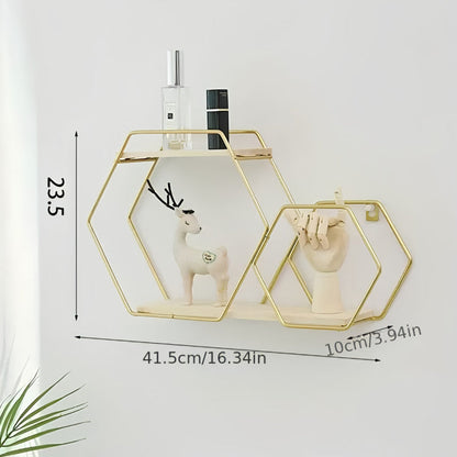 Hexagon Wall Shelf With Wood Shelves Decorative Storage Organizer