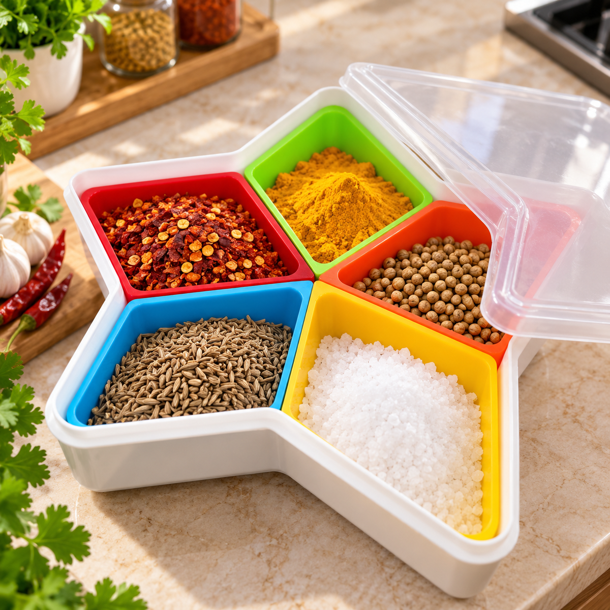 Multipurpose Masala Storage Box Colorful Spice Organizer With Clear Lid