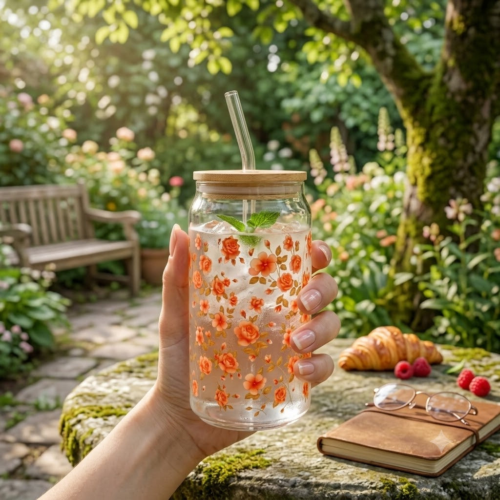 Elegant Floral Glass Mug With Wooden Lid