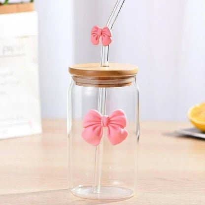 Reusable Glass Tumbler with Bamboo Lid & Pink Bow Glass Straw