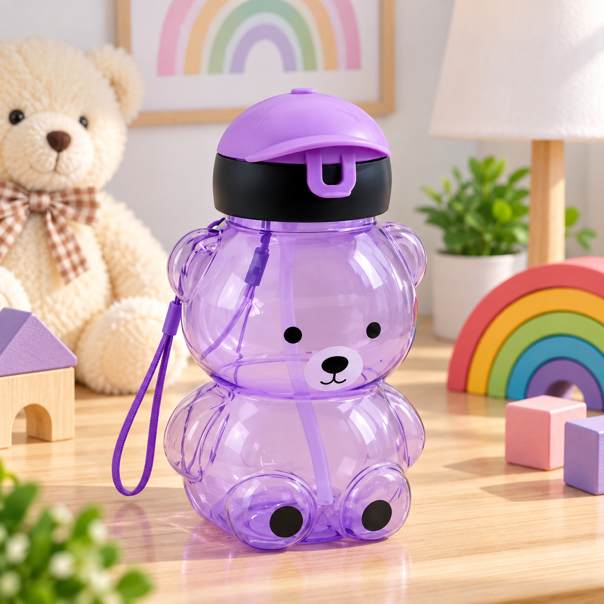 Cute Bear Kids Sipper 750ml Reusable Water Bottle With Straw