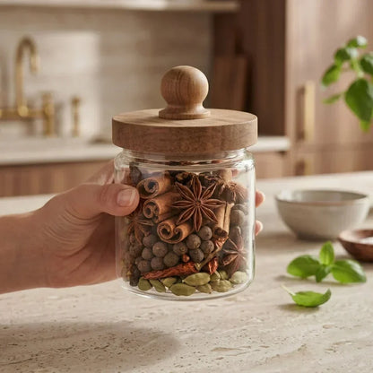 Glass Kitchen Canister with Wooden Cap – Stylish Storage Jar