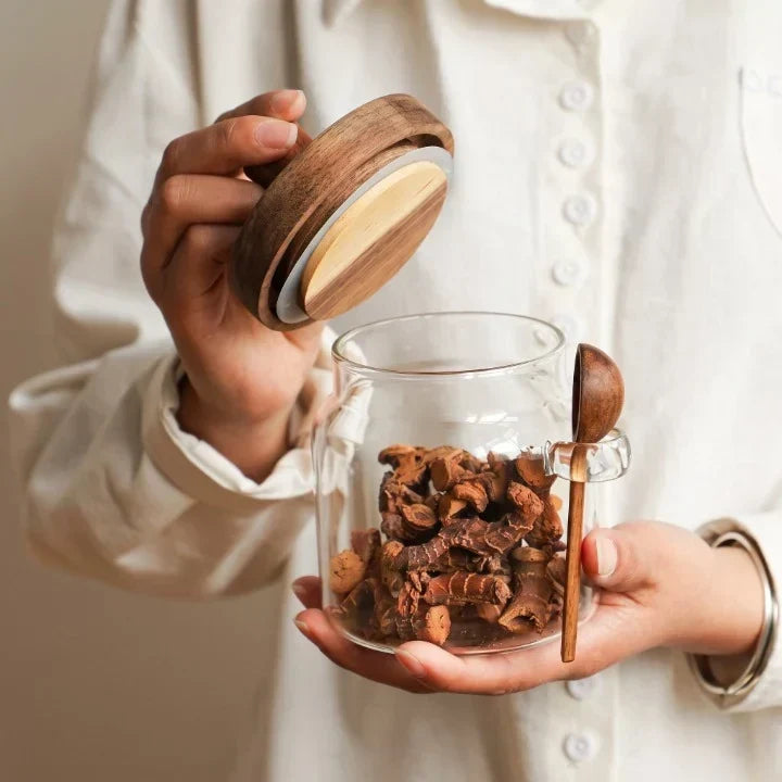 Glass Spice & Sugar Jar – Wooden Lid and Spoon Set