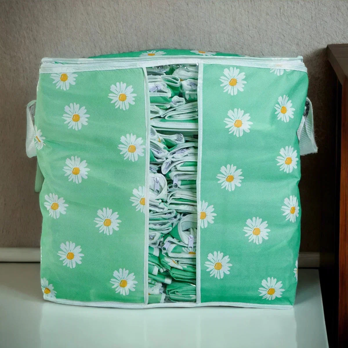 Green Floral Storage Bag – Ideal for Clothes, Blankets, Quilts & Bedding