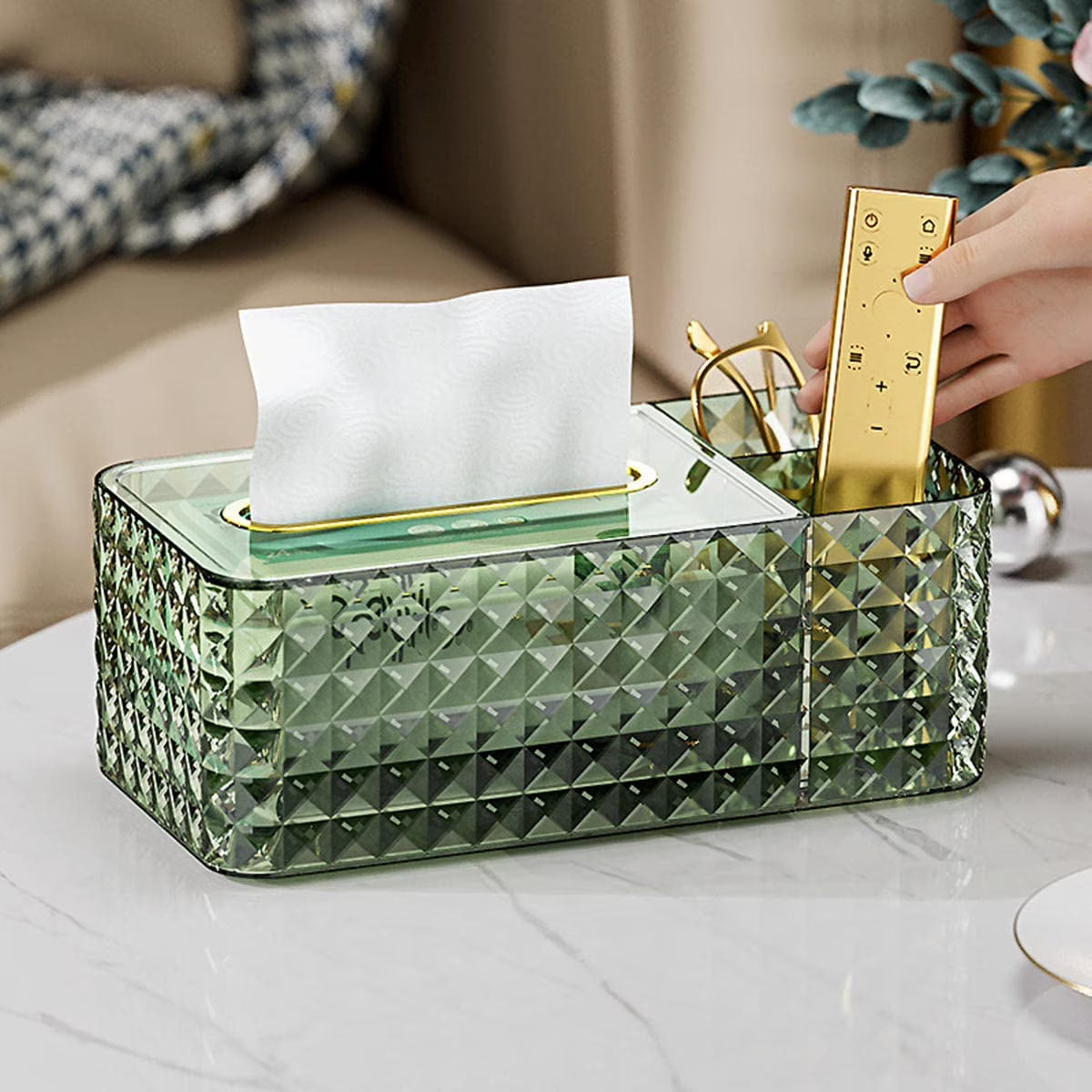 Multi-Function Diamond-Cut Tissue Box with Dual Storage Sections