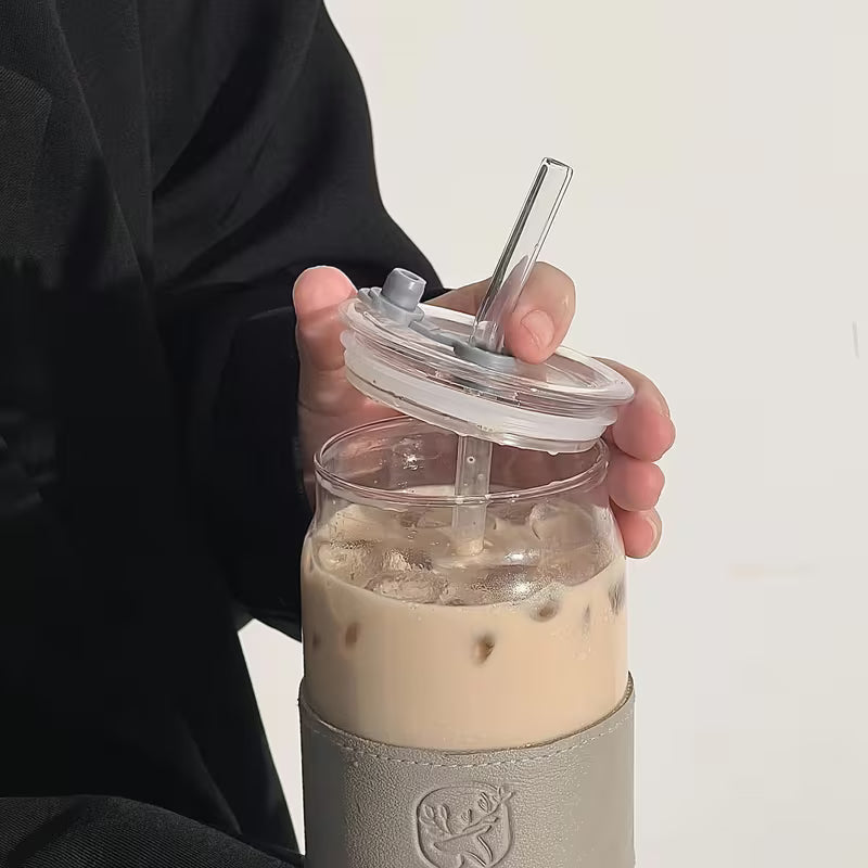 Reusable Glass Tumbler – Cold Drink Cup with Lid & Straw