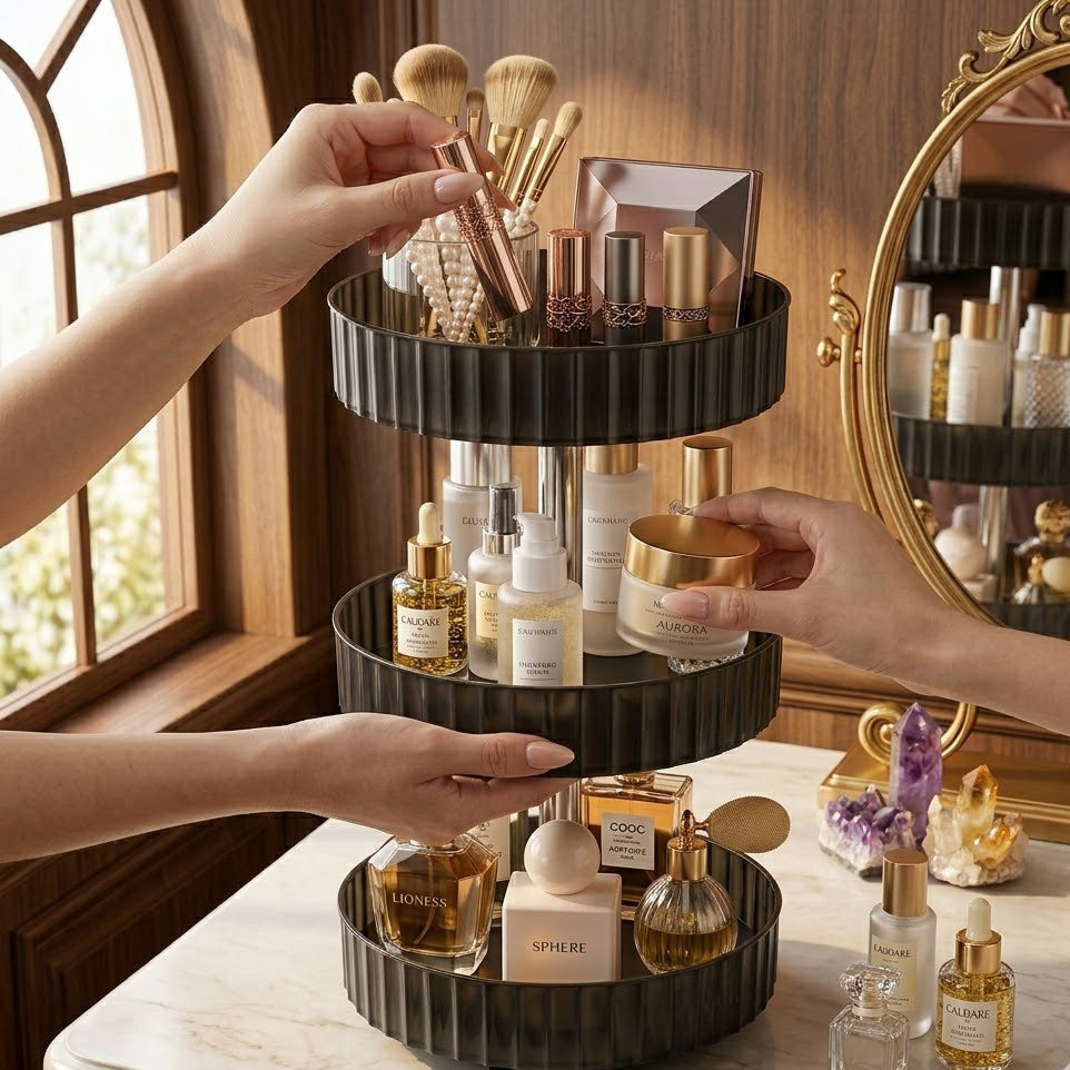 Rotating Vanity Storage Organizer – 3 Layer Makeup Rack