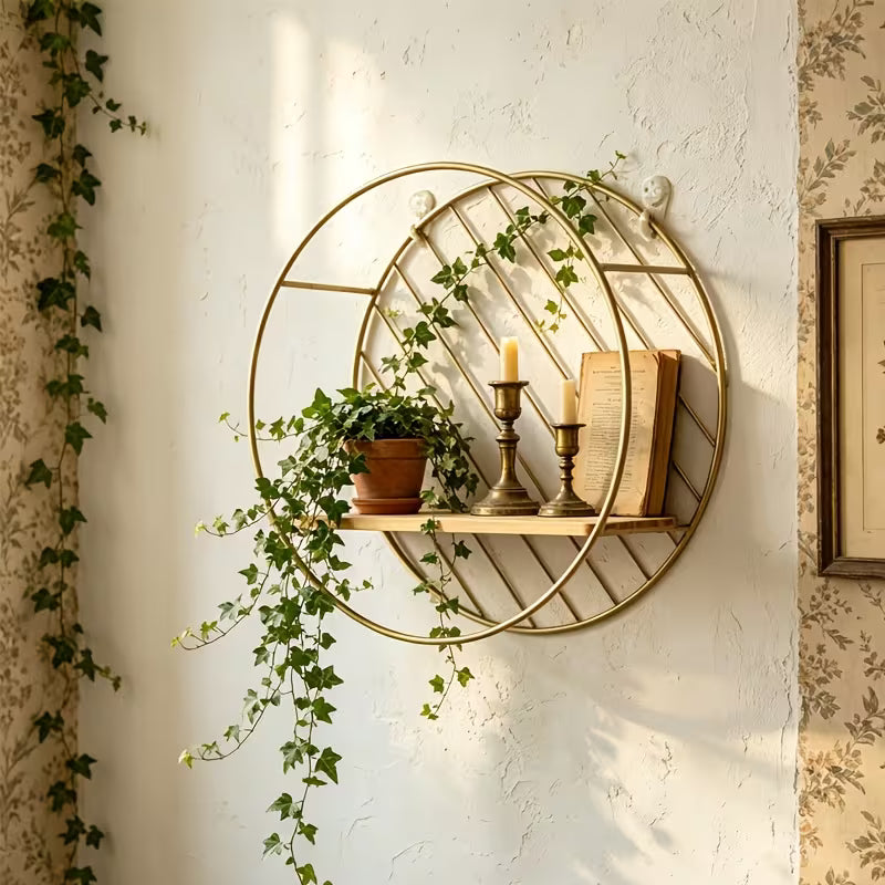 Round Gold Wall Shelf with Wood Shelf – Stylish Home Organizer