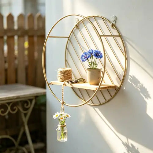 Round Gold Wall Shelf with Wood Shelf – Stylish Home Organizer