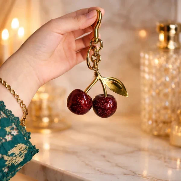 Sparkling Cherry Keychain Red Enamel With Gold Detailing 