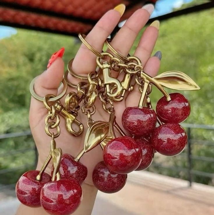 Sparkling Cherry Keychain Red Enamel With Gold Detailing 