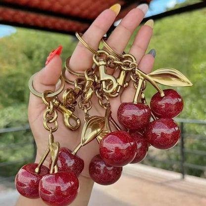 Sparkling Cherry Keychain Red Enamel With Gold Detailing 