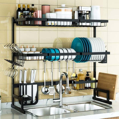 Stainless Steel 2 Tier Dish Drainer Rack Over Sink Space Saver Organizer