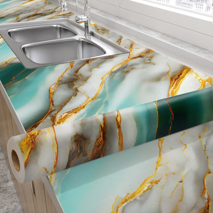 Waterproof Teal and Gold Marble Wall Covering Sheet