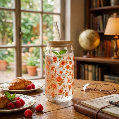Elegant Floral Glass Mug With Wooden Lid