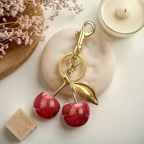 Sparkling Cherry Keychain Red Enamel With Gold Detailing 
